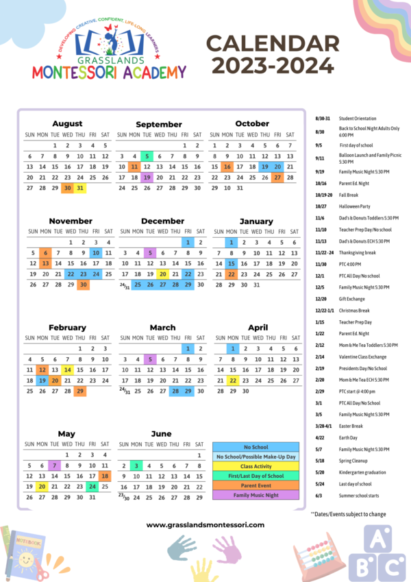 Calendar - Grasslands Montessori Academy